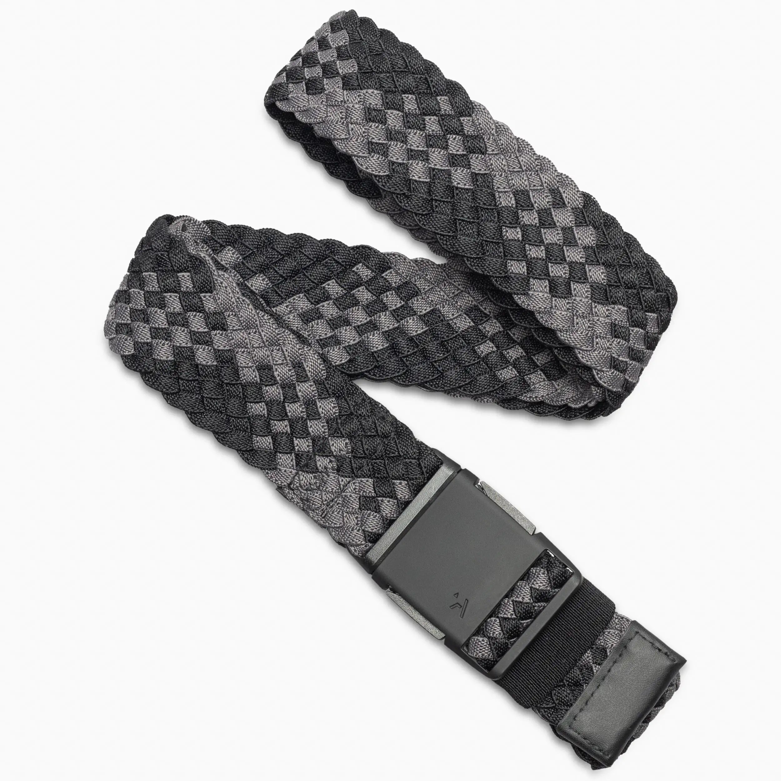 The Arcade Belts Futureweave is a black and gray lightweight belt with a checkered woven webbing design and a rectangular black metal buckle, shown against a white background.