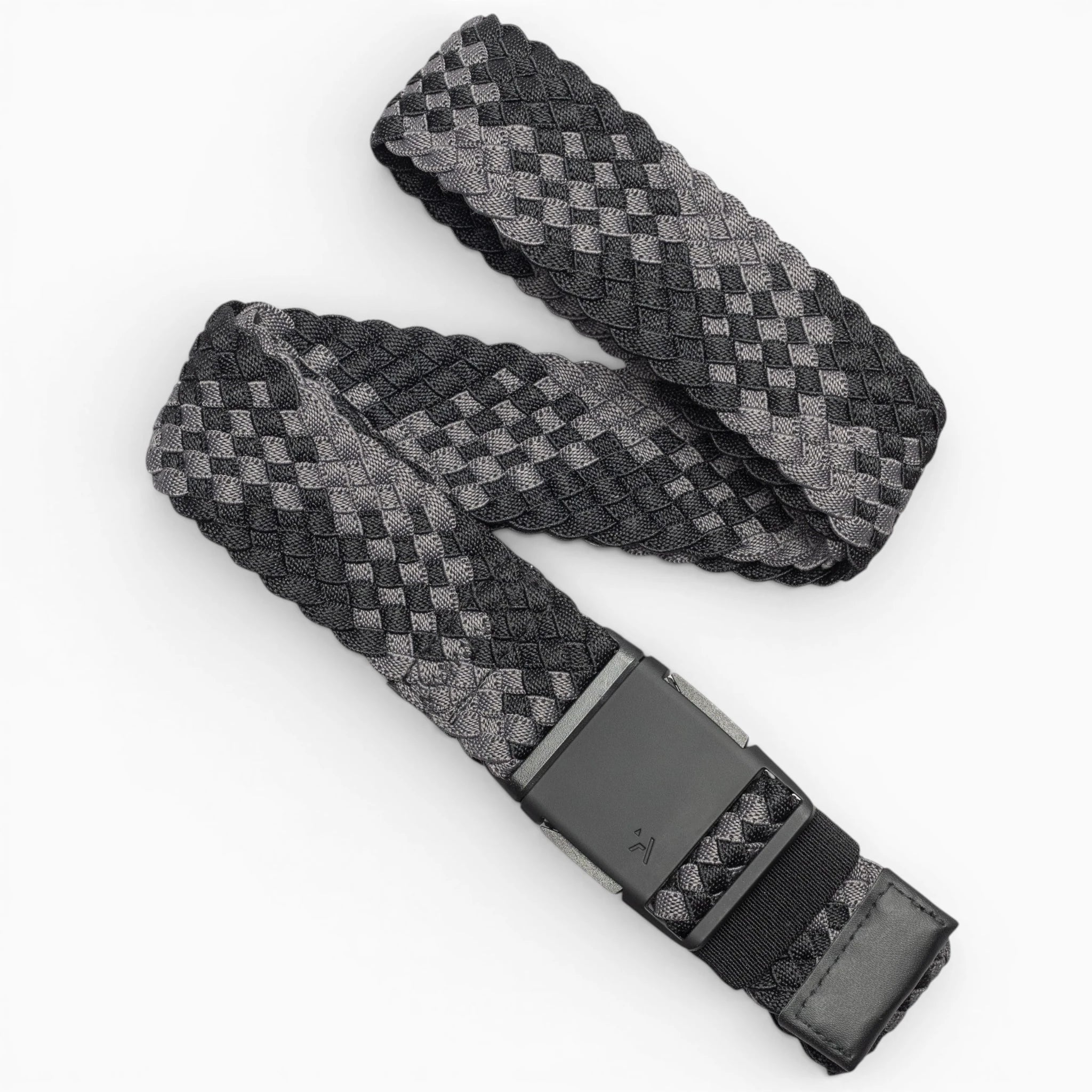 The Arcade Belts Futureweave is a black and gray lightweight belt with a checkered woven webbing design and a rectangular black metal buckle, shown against a white background.