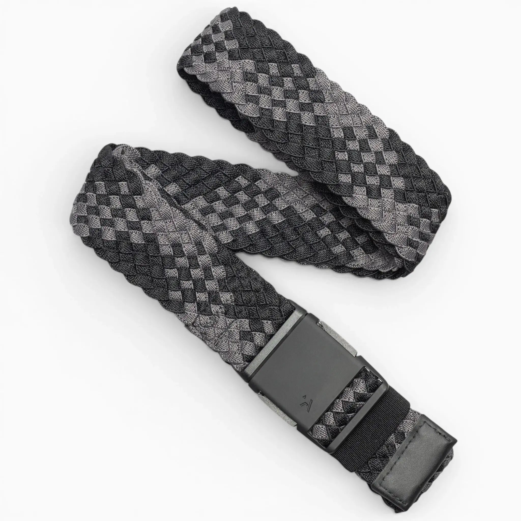 The Arcade Belts Futureweave is a black and gray lightweight belt with a checkered woven webbing design and a rectangular black metal buckle, shown against a white background.