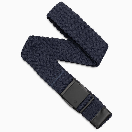 The Arcade Belts Futureweave is a navy blue lightweight belt made from woven webbing with a braided pattern and matte black rectangular buckle, shown on a white background.