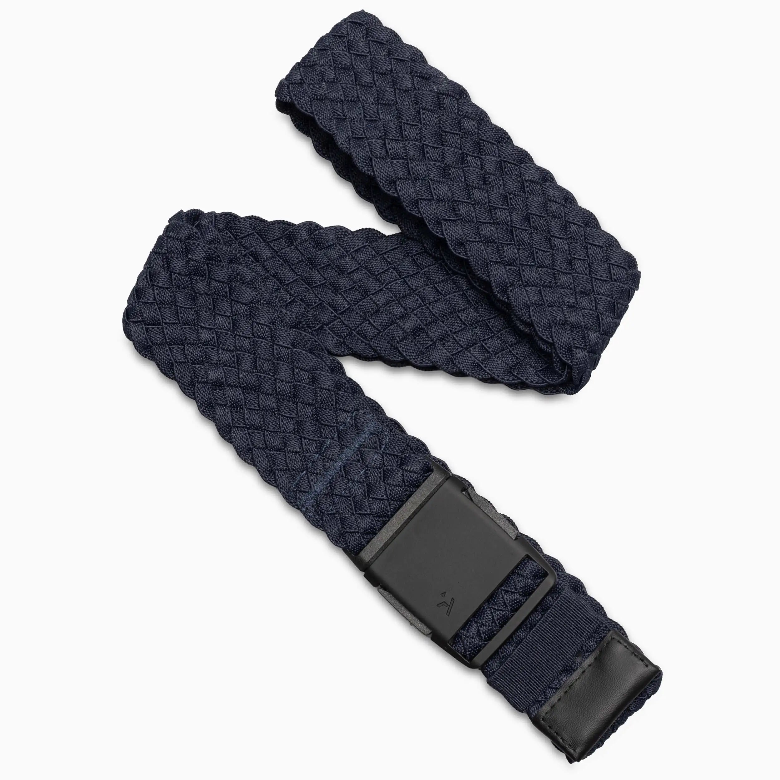 The Arcade Belts Futureweave Kit is a navy blue woven belt with a textured pattern, matte black plastic buckle, and black leather accents for style and durability.