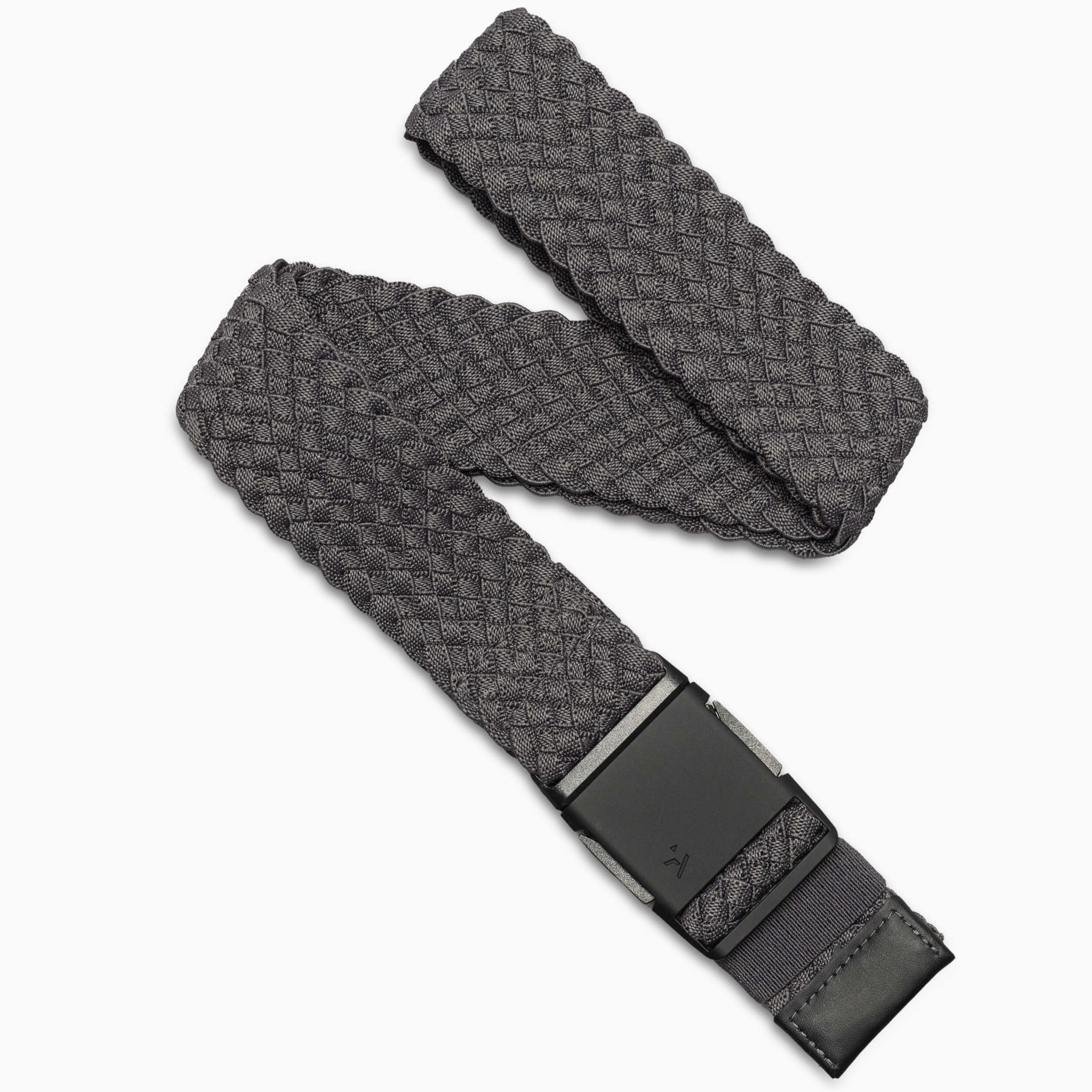 The Arcade Belts Futureweave is a charcoal woven webbing belt featuring a black rectangular buckle and black leather accents on the ends for a comfortable fit, shown on a white background.