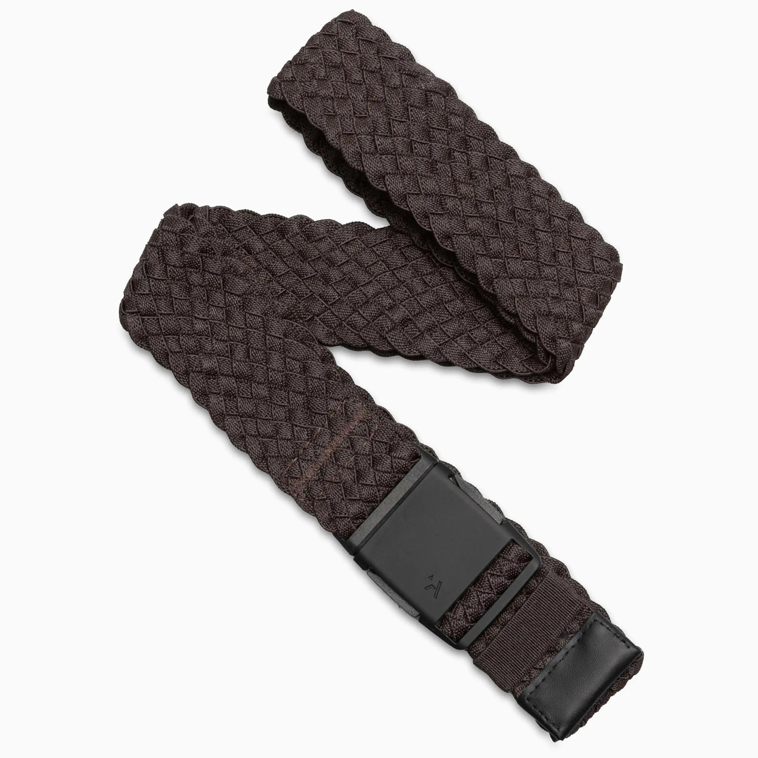 The Arcade Belts Futureweave is a dark brown braided belt made from lightweight woven webbing for a comfortable fit, featuring a black rectangular buckle and shown laid out on a white background.