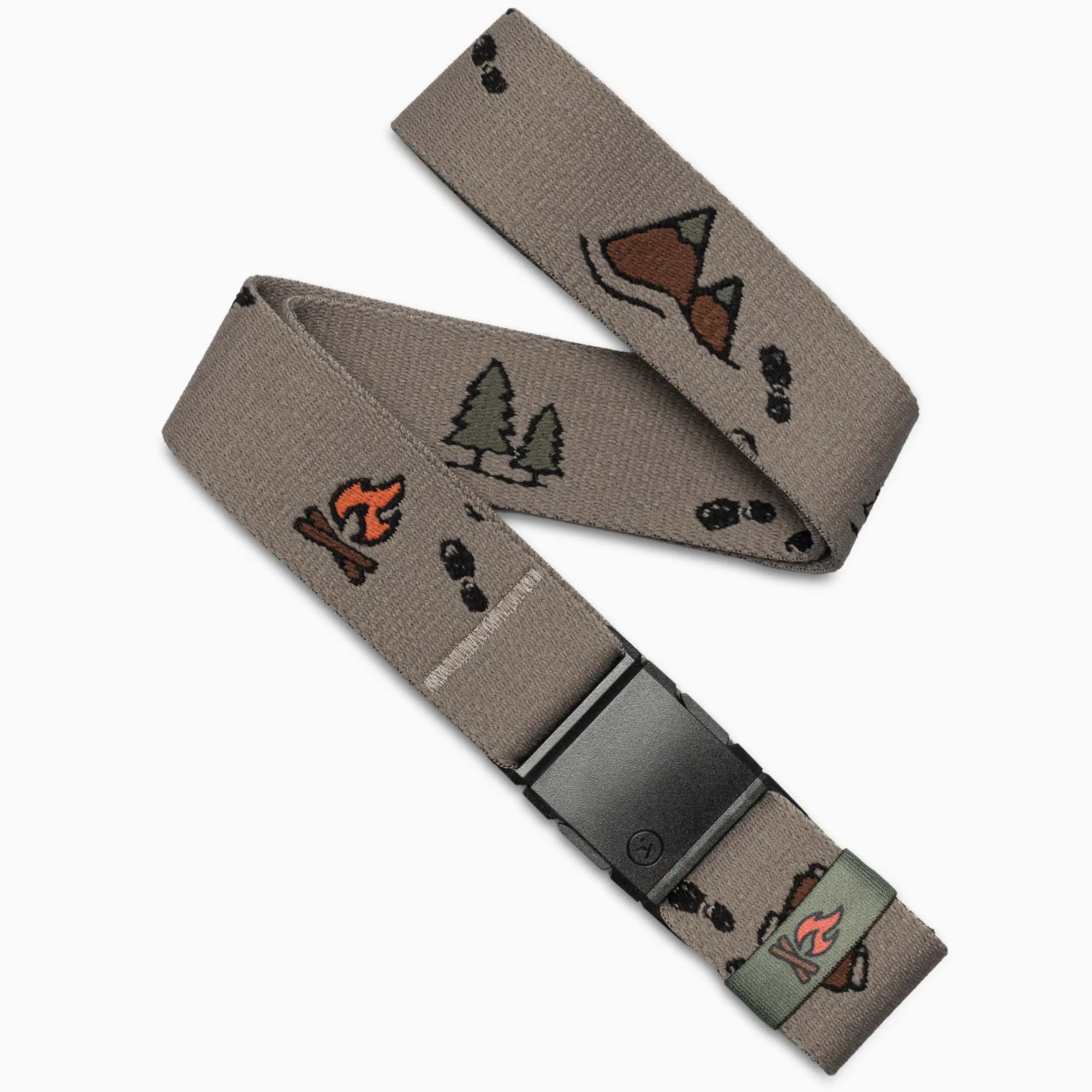 The Arcade Belts Get Outside belt in Dunes color features outdoors-themed prints—campfire, trees, mountains, and footprints—on gray fabric with a black buckle.