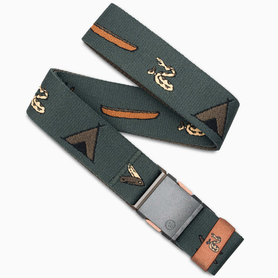 The Get Outside belt by Arcade Belts is a green elastic stretch belt with tan snakes, brown arrows, black triangles, a silver rectangular buckle, and brown leather accents—ideal for anyone wanting a stylish travel accessory.