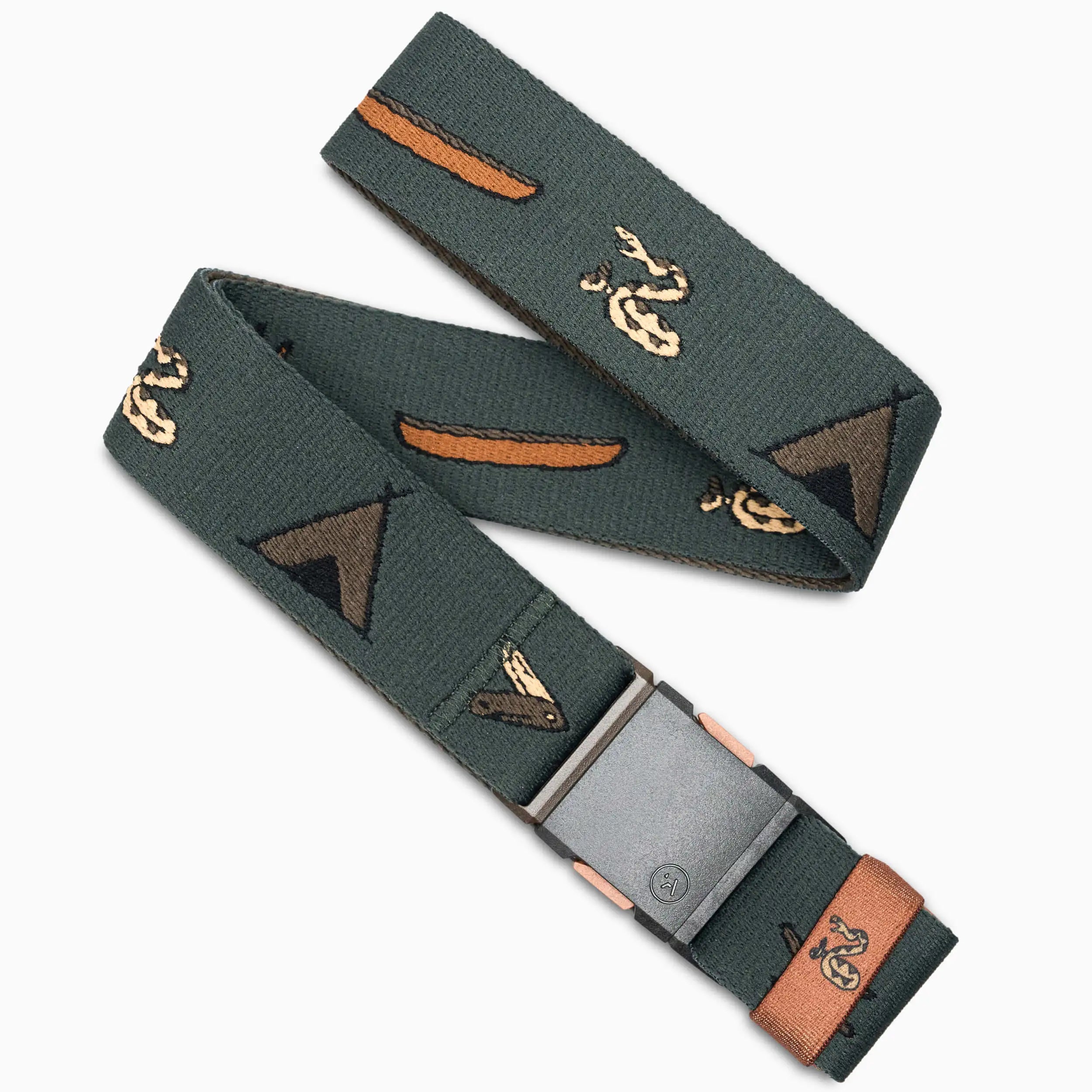 The Get Outside belt by Arcade Belts is a green elastic stretch belt with tan snakes, brown arrows, black triangles, a silver rectangular buckle, and brown leather accents—ideal for anyone wanting a stylish travel accessory.