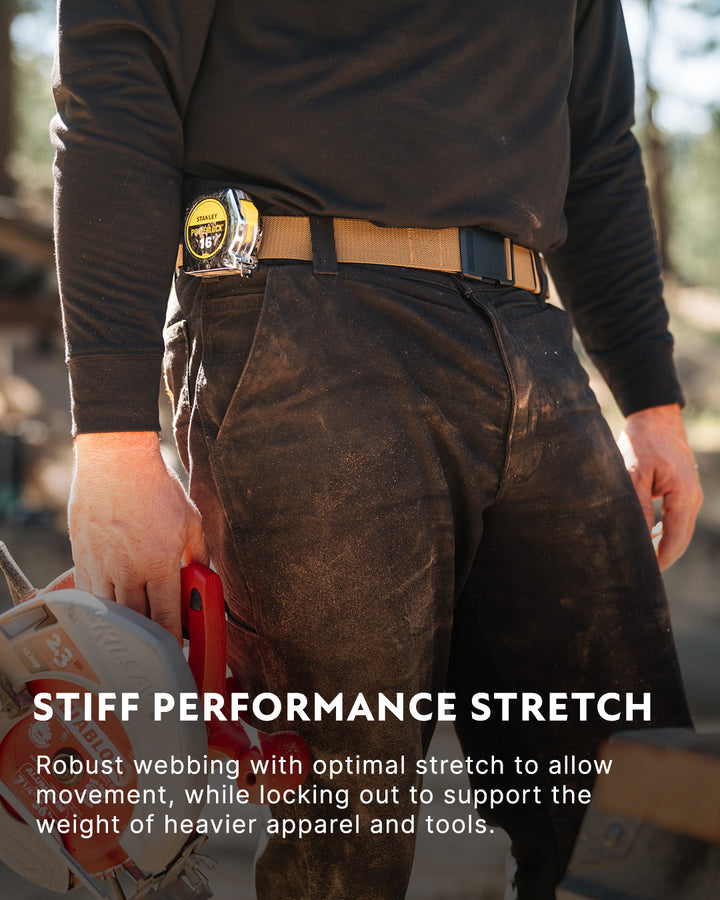 A person wearing dark, dirt-covered work pants and a black long-sleeve shirt stands outdoors, holding a tool and wearing a utility belt with a tape measure. Text reads: Stiff performance stretch. Robust webbing with optimal stretch to allow movement, while locking out to support the weight of heavier apparel and tools.
