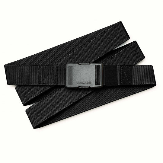 The Arcade Belts Hardware is a black nylon belt with superior strength, featuring a rectangular black plastic buckle, neatly coiled on a white background.