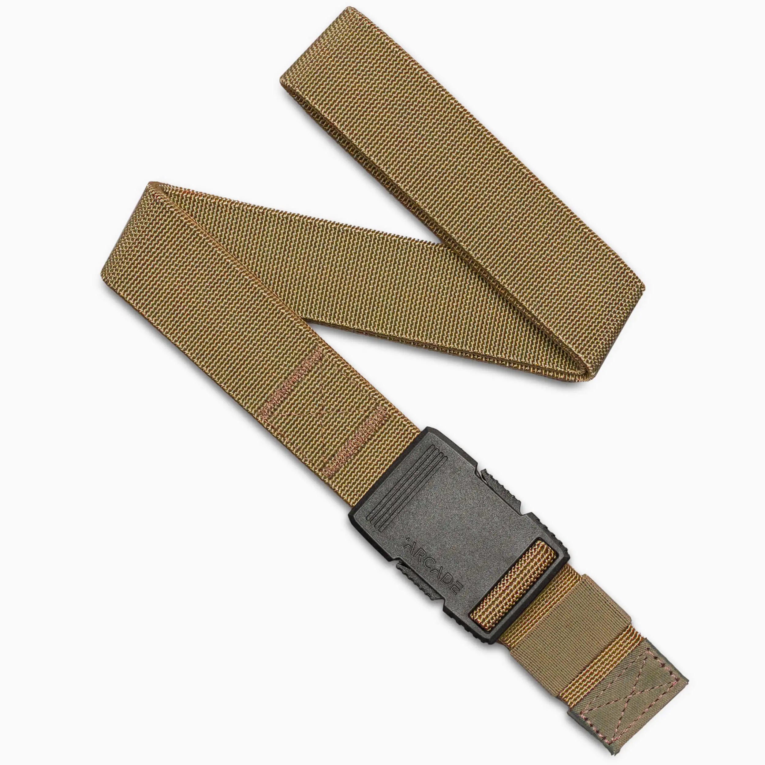 The Arcade Belts Hardware Slim Kit, a tan nylon tactical belt with a black plastic buckle, is displayed on a white background. Its durable woven texture and reinforced stitching are visible where the belt is partially folded.