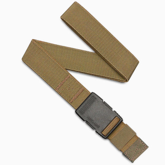 The Arcade Belts Hardware Slim Kit, a tan nylon tactical belt with a black plastic buckle, is displayed on a white background. Its durable woven texture and reinforced stitching are visible where the belt is partially folded.