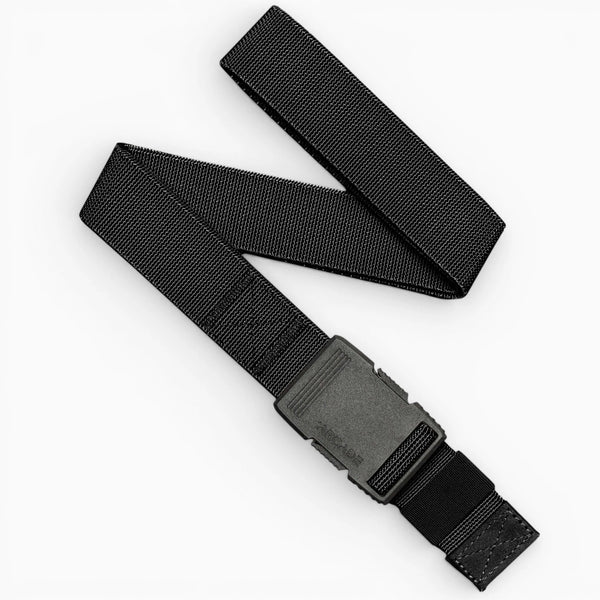 The Arcade Belts Hardware in black is a durable nylon belt featuring a rectangular black plastic buckle and reinforced stitching—an essential accessory for superior strength, shown on a white background.