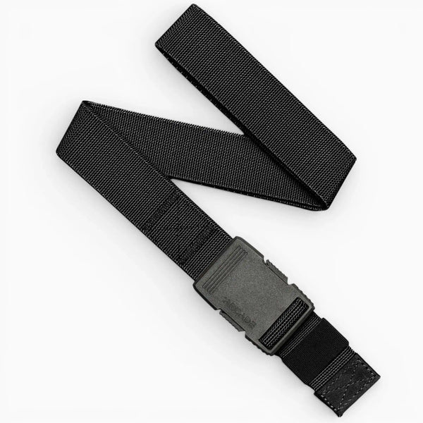 The Arcade Belts Hardware in black is a durable nylon belt featuring a rectangular black plastic buckle and reinforced stitching—an essential accessory for superior strength, shown on a white background.