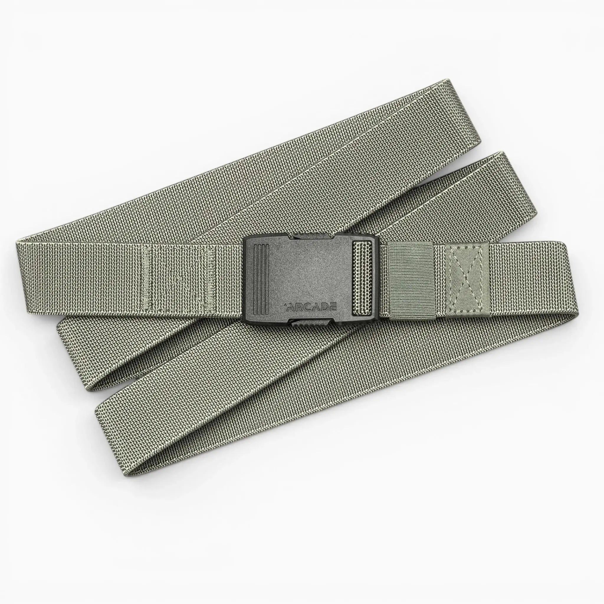The Arcade Belts Hardware is a gray fabric belt with a black plastic buckle, laid flat on a white background. Adjustable and minimalist, it's designed for durability and superior strength.