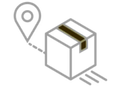 A simple line drawing of a package with a location pin beside it, symbolizing tracking or delivery of a parcel—ideal for those shipping Arcade Belts or travel belts with a plastic buckle.