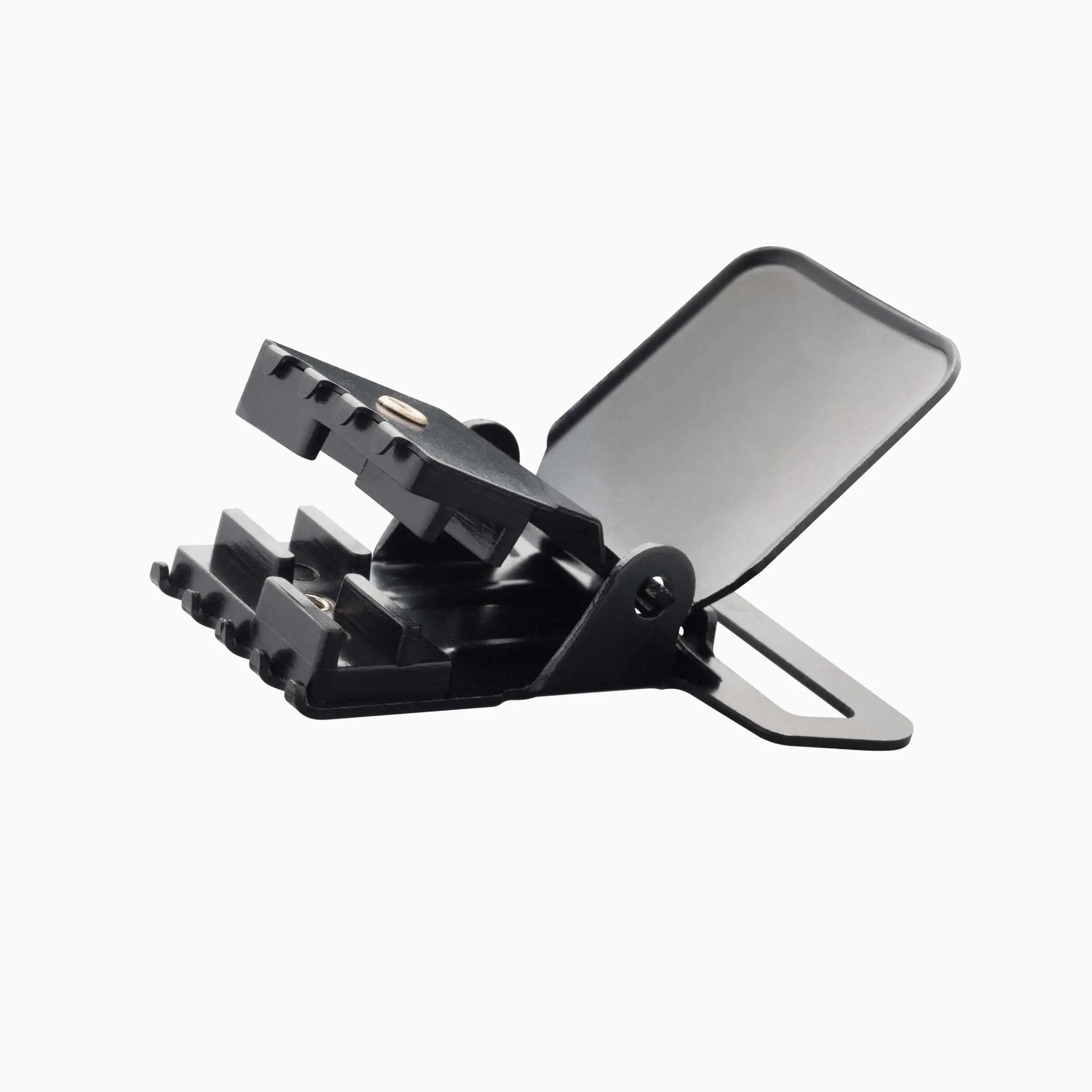 A black, rectangular Jessup buckle by Arcade Belts, made of plastic with a hinged, toothed clamp for securing cords or cables, is shown open on a plain white background.