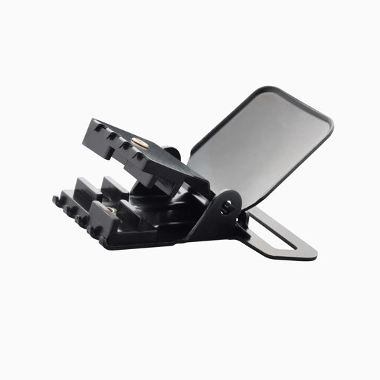 A black, rectangular Jessup buckle by Arcade Belts, made of plastic with a hinged, toothed clamp for securing cords or cables, is shown open on a plain white background.