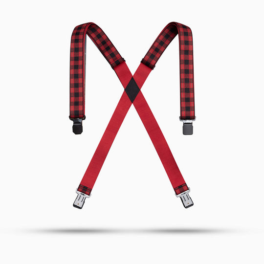 The Arcade Belts Jessup suspenders feature black and red plaid elastic shoulder straps, arranged in an “X” shape against a white background.