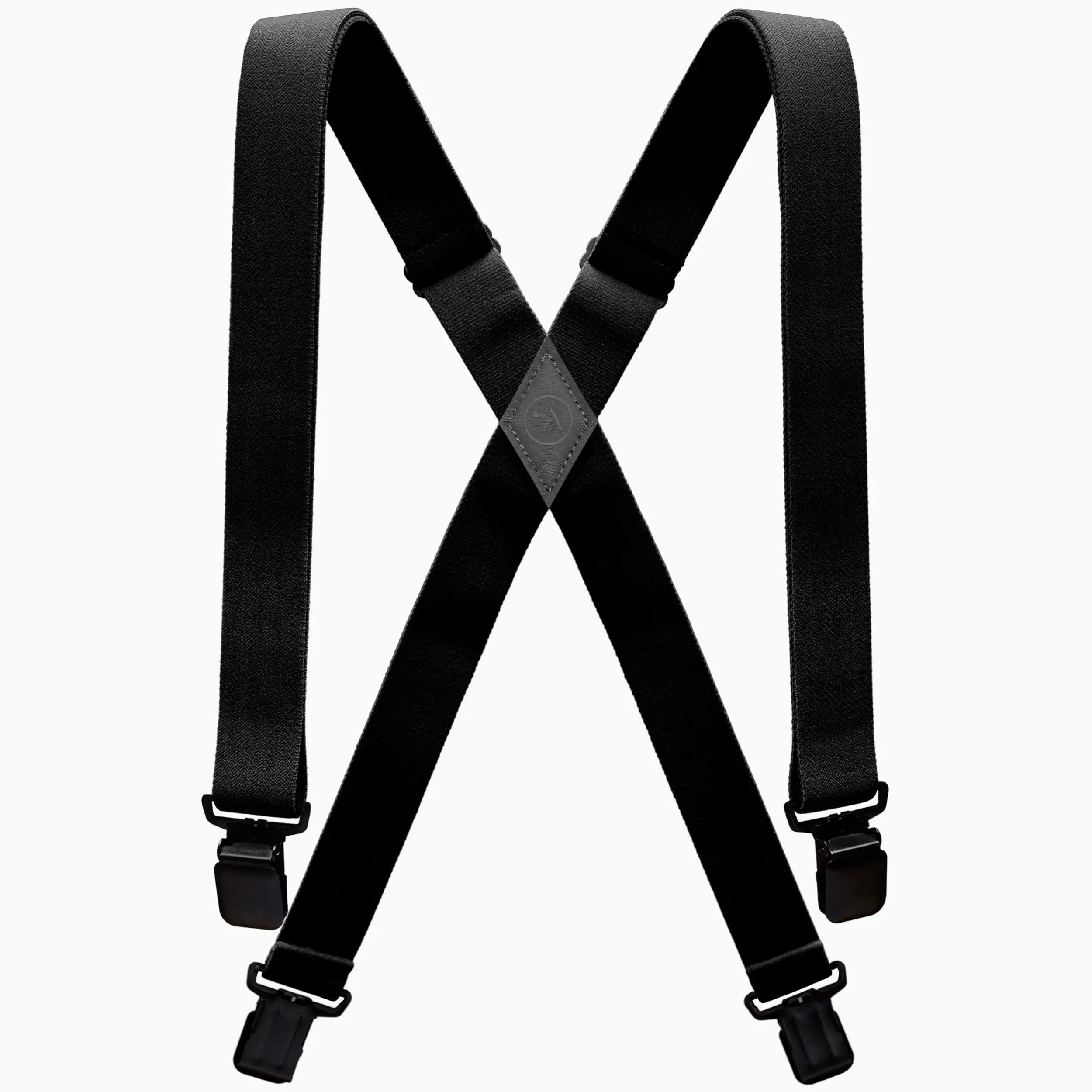 The Arcade Belts Jessup suspenders feature adjustable straps, metal clips, and stretch webbing for comfort, arranged in an X shape and shown in black against a white background.