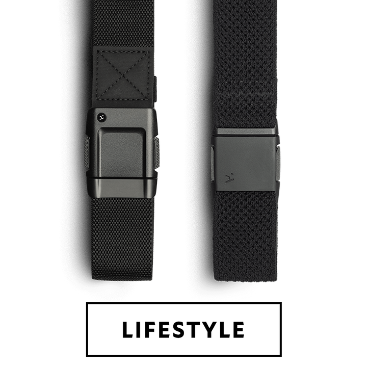 Two black belts are shown vertically side by side. The left features a matte, rectangular buckle with a textured strap, while the right showcases a low profile belt design with a simpler flat buckle and woven strap—great for travel belts.