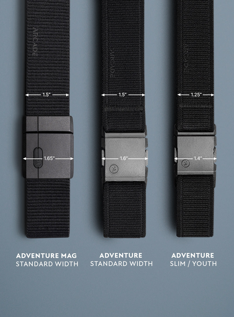 Three black belts are laid side by side on a gray background, each labeled for size and style: Adventure Mag Standard Width (1.5), Adventure Standard Width (1.5), and Adventure Slim/Youth (1.25).