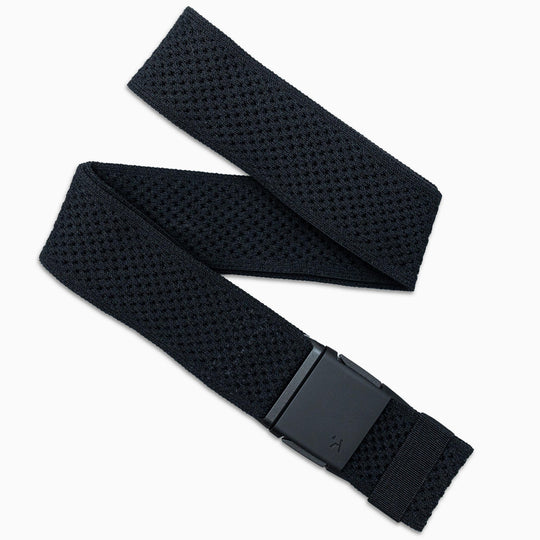 The Arcade Belts Momentum Kit is a black stretch webbing belt with a textured pattern and a low profile rectangular matte black buckle, shown on a white background.
