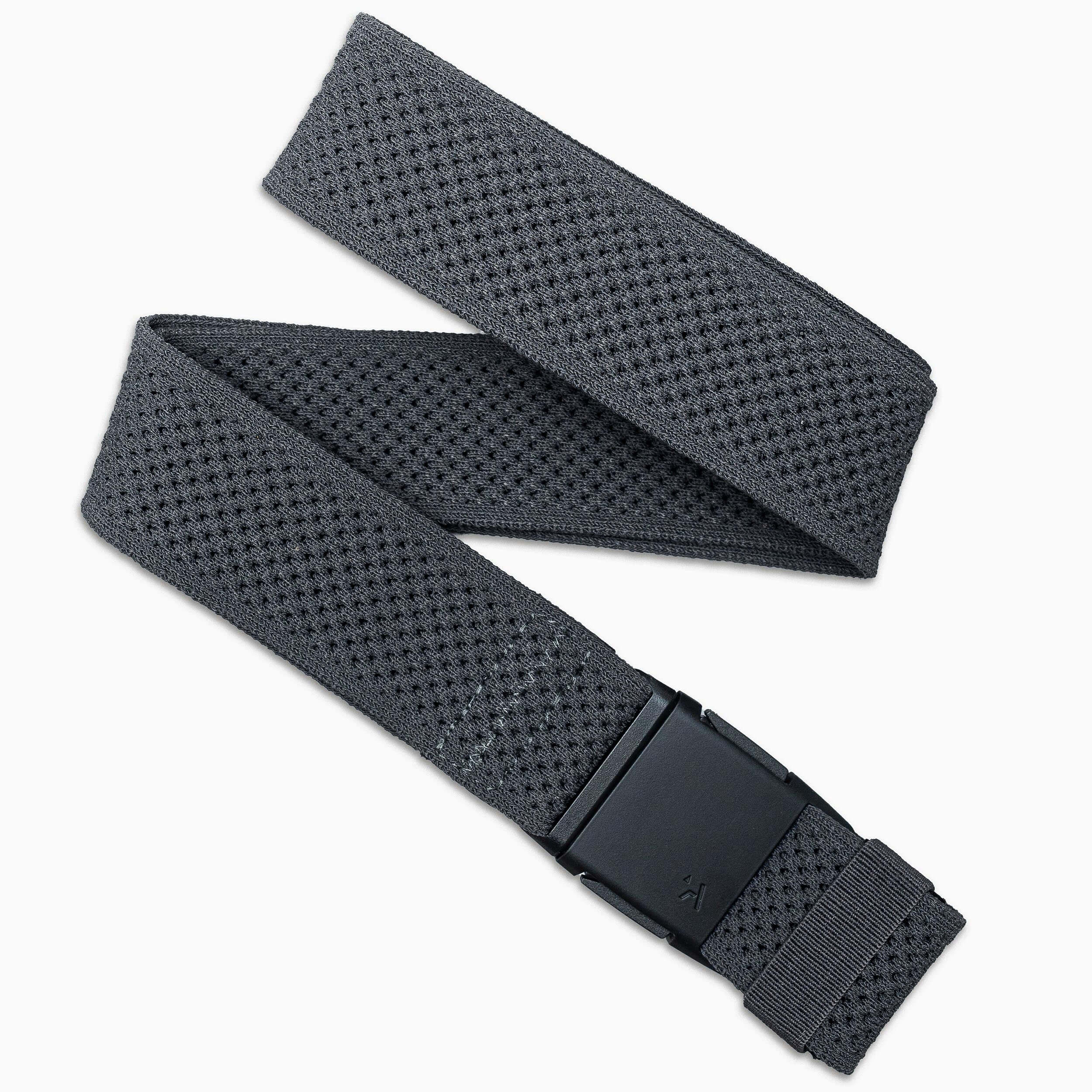 The Arcade Belts Momentum features gray textured malleable webbing and a black rectangular buckle, shown on a white background in a loose zigzag for a stylish, versatile look.