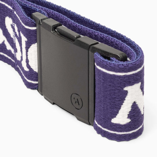 A close-up of the Arcade Belts Mothership Classic: a purple fabric belt with white text and a black rectangular buckle, displayed on a white background—perfect for fans of the KT-22 chair lift and supporters of the High Fives Foundation.