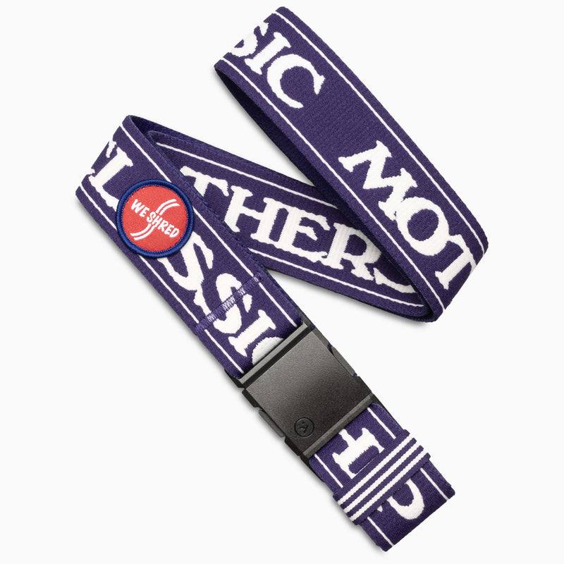 The Mothership Classic by Arcade Belts features Retro Purple fabric with bold white text, a black buckle, and a red 