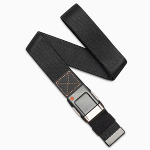 The Arcade Belts Motion belt in Black Flame features a metal buckle, orange stitching, and a textured black fabric. Laid out on a white background, it offers a comfortable fit and modern style.