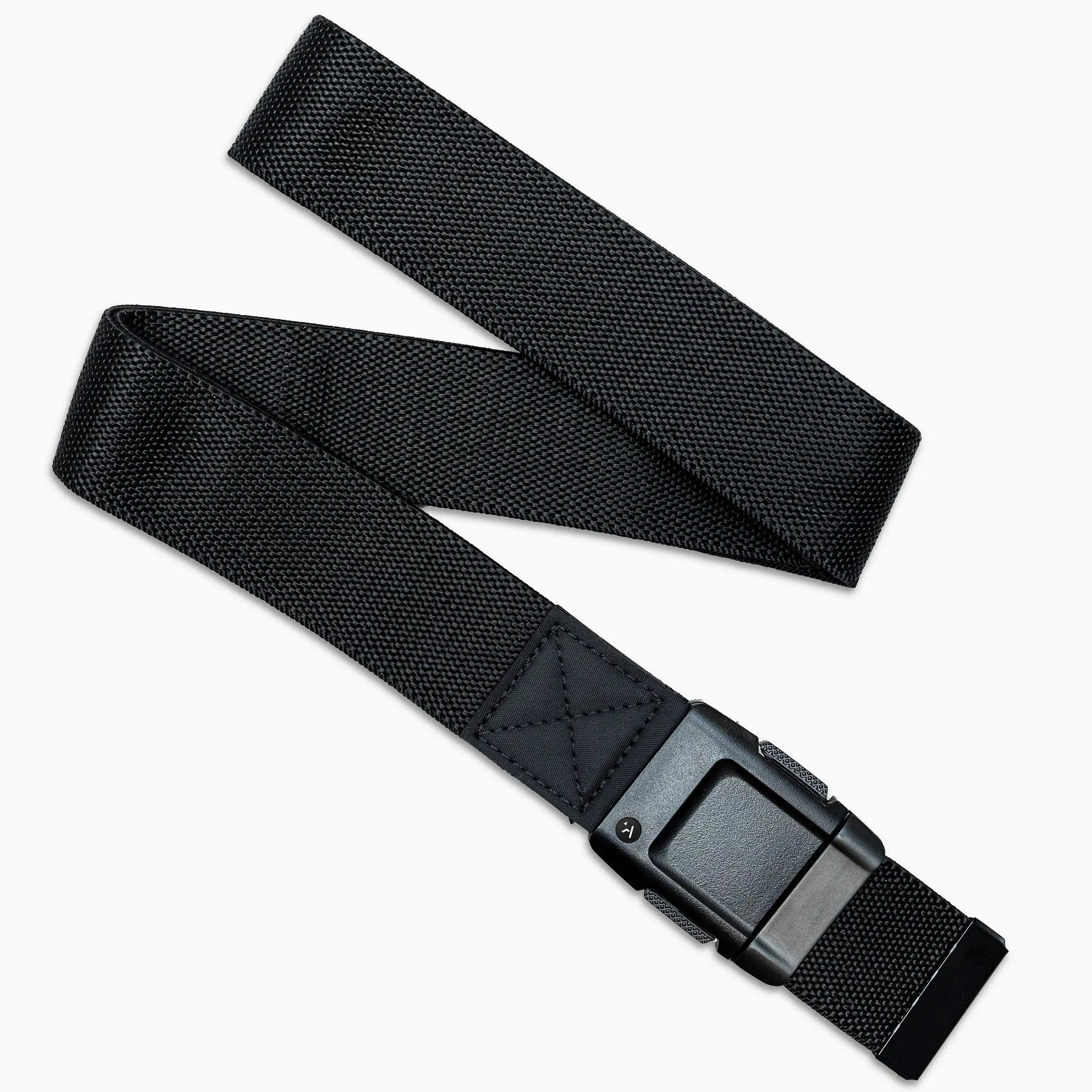 The Arcade Belts Eclipse Kit, a black tactical nylon belt with a sturdy rectangular metal buckle, is displayed in a loose zigzag shape on a white background.