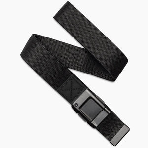The Arcade Belts Motion is a black woven fabric belt with a rectangular black buckle, pictured loosely coiled on a white background—offering modern style and everyday comfort.