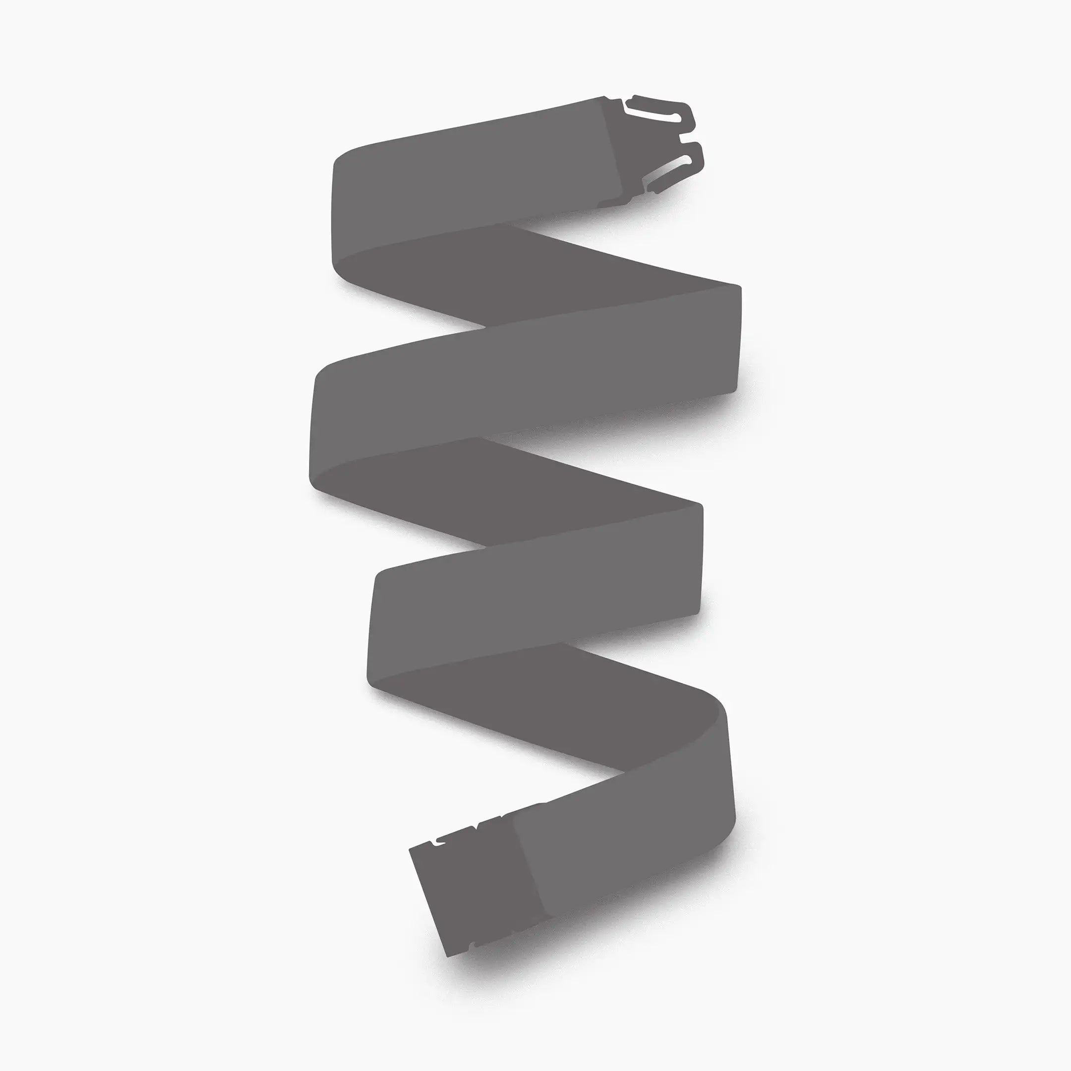 An unbuckled Mystery Belt by Arcade Belts, shown in dark gray and zigzagged on a white background, adds modern style for the season.