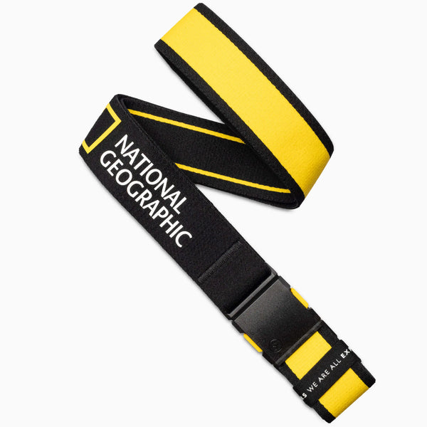 The Arcade Belts National Geographic belt in Classic Black features a black buckle and the National Geographic logo—ideal for adventurers and seekers of new stories.