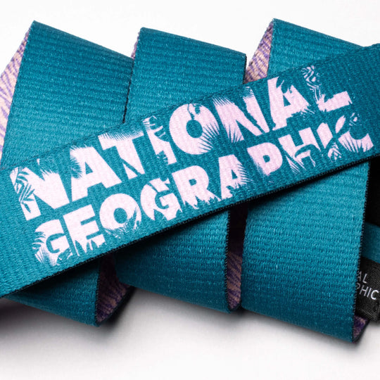 The Arcade Belts National Geographic belt features a teal ribbon with the National Geographic logo in bold white letters, detailed with subtle animal and plant shapes, symbolizing adventure and discovery on a crisp white background.