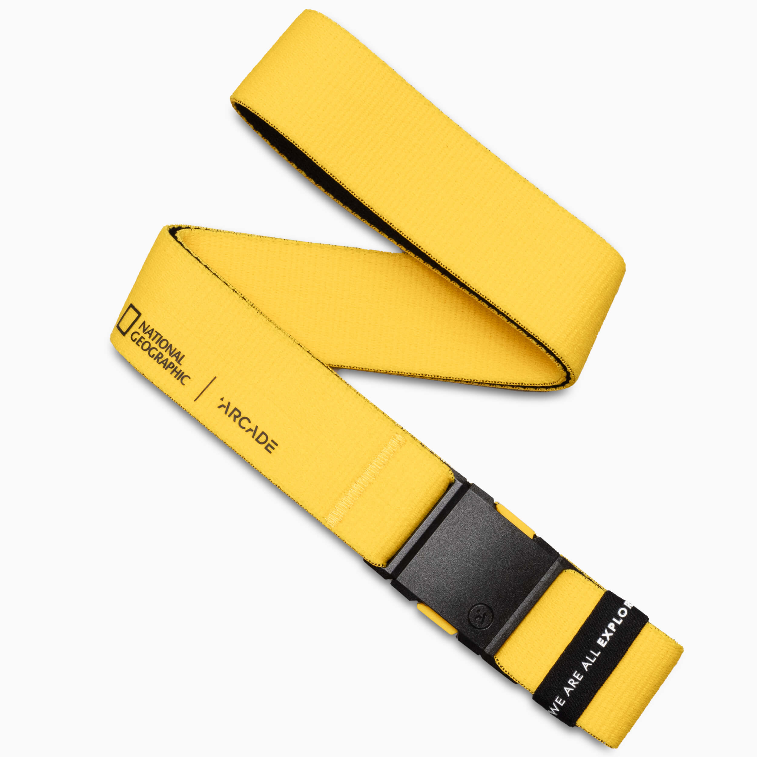 A bright yellow belt with a black buckle, featuring the National Geographic and Arcade logos printed on the strap. The belt has black accents and the text WE ARE ALL EXPLORERS on the end.