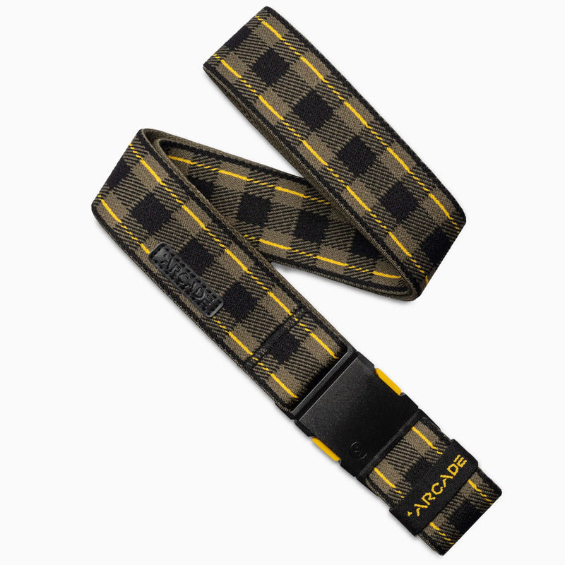 The Arcade Belts Plaid features a yellow and black plaid pattern with a black plastic buckle and yellow ARCADE branding—an arcade favorite, now in new colors for a limited time.