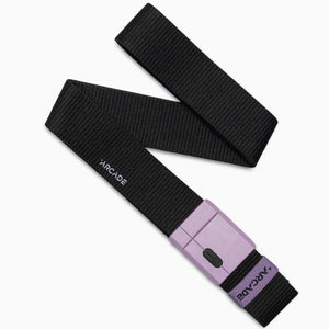 The Arcade Belts Polar Mag in Black Vio is a fabric belt with a rectangular light purple durable buckle and white ARCADE branding near the buckle and on the belt’s end.