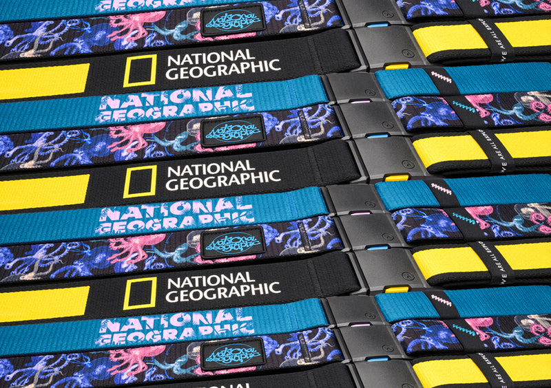 A close-up of several adventure belts with National Geographic and Arcade branding, featuring blue, black, and yellow colors, and some with octopus patterns. The belts are laid out in parallel rows.