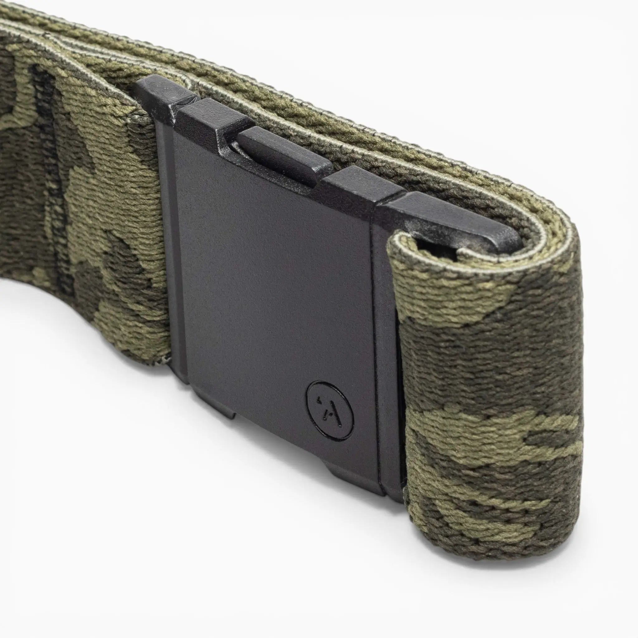 A close-up of the Roark x Arcade adventure belt by Arcade Belts, featuring a camouflage pattern and a black rectangular buckle, set against a white background.