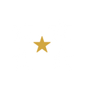 Six stars arranged in two rows of three; the center star is gold and filled in, while the other five stars are white with transparent centers and outlined in white. The background is light gray.