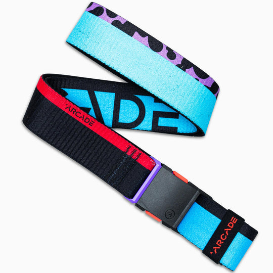 The Arcade Belts Sierra is a colorful stretch webbing belt with abstract and geometric black, blue, purple, and red patterns. It features a low-profile black buckle with ARCADE displayed on it.