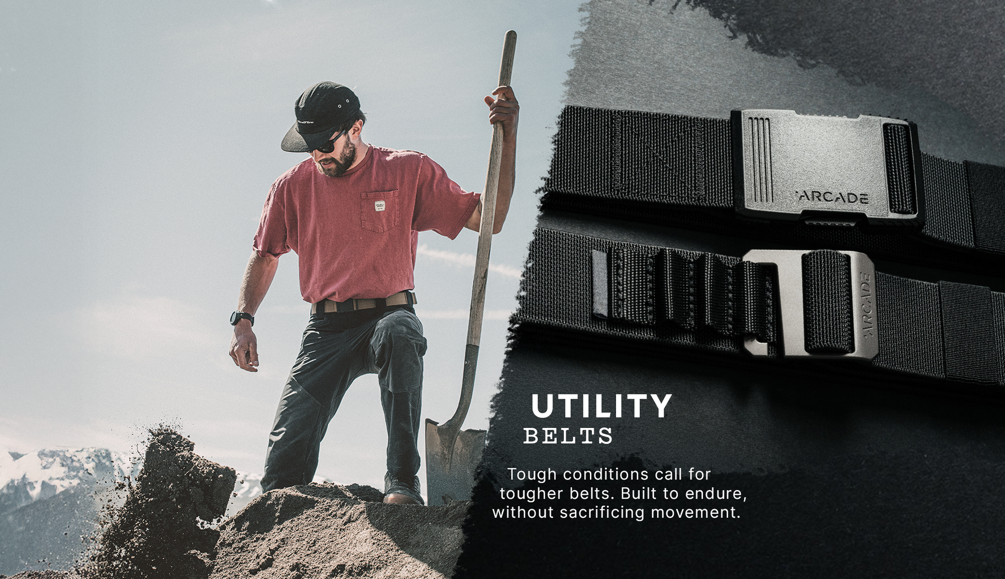 A man in outdoor gear shovels dirt, wearing a black Arcade Belt. Beside him are close-ups of two black Elastic Stretch Belts. Text reads: UTILITY BELTS. Tough conditions call for tougher belts—built with Stretch Webbing to endure without sacrificing movement.