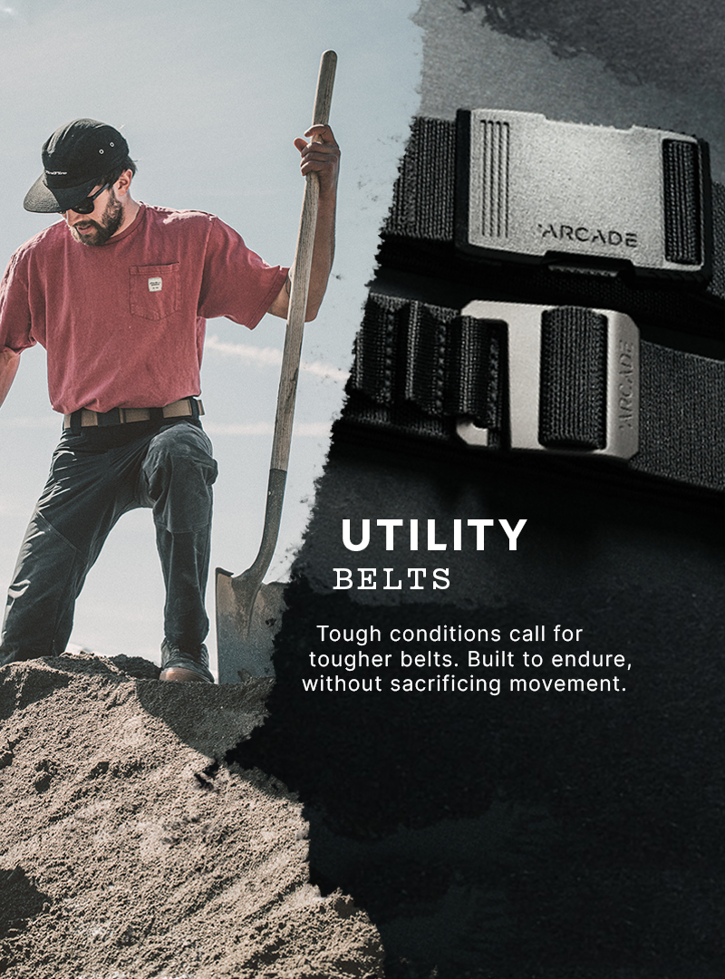 A man in a red shirt and cap shovels dirt while wearing a black Arcade Belt. Beside him, a close-up of the plastic buckle is shown. Text reads: “UTILITY BELTS. Tough conditions call for tougher belts made with stretch webbing.”.