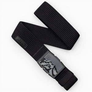 The Arcade Belts Woody is a black elastic chest strap with stretch webbing and a rectangular sensor module featuring a stylized graphic, designed to monitor heart rate during exercise.