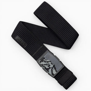 The Arcade Belts Woody is a black elastic chest strap with stretch webbing and a rectangular sensor module featuring a stylized graphic, designed to monitor heart rate during exercise.